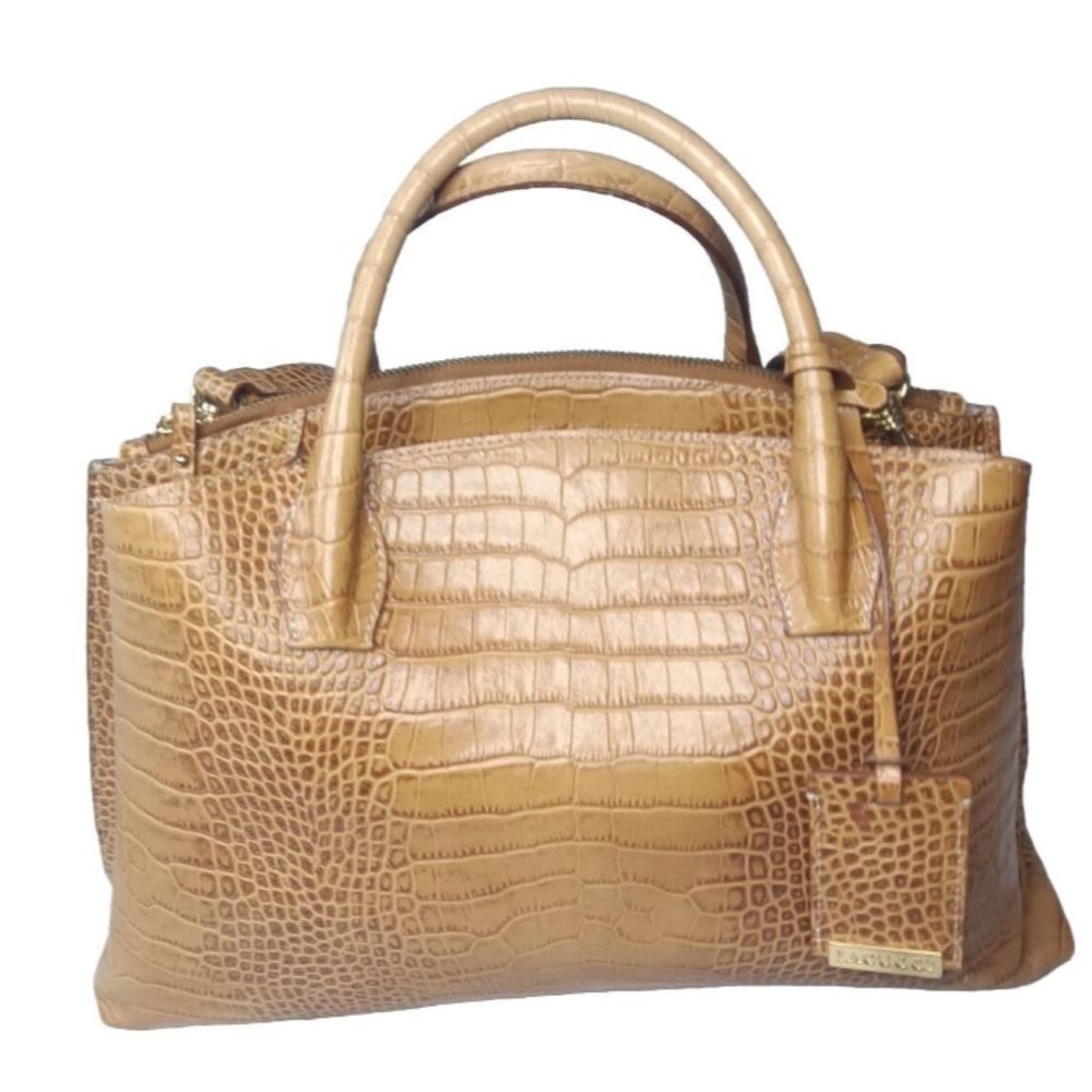 Lacucci Italian Leather Satchel Large Handbag Bag Crocodile Embossed Brown Tan